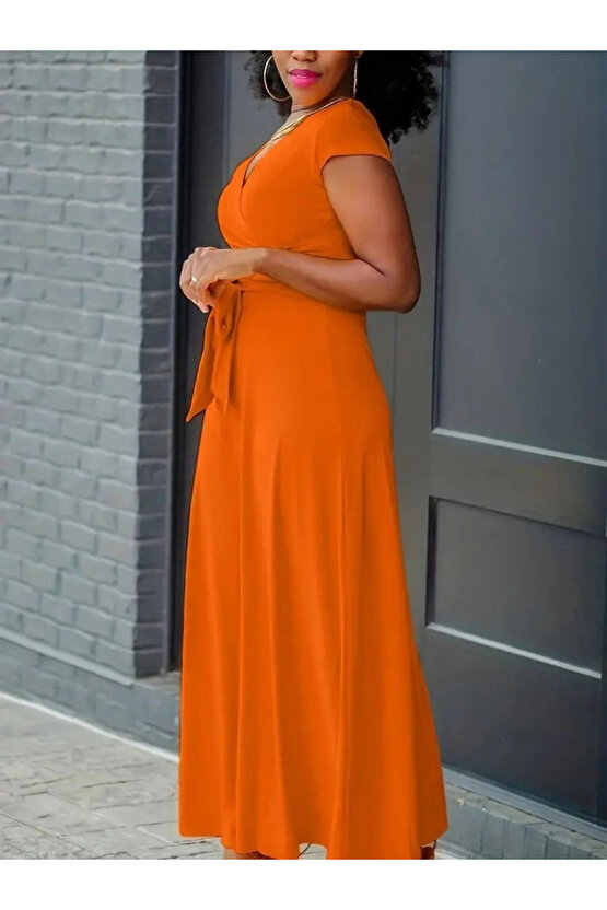 Kadın Kısa Kollu V Yakalı Belden Kuşaklı Maksi Boy Viskon Elbise