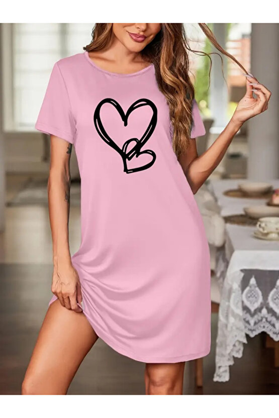 Gökyüzü Moda Kadın Kısa Kollu Bisiklet Yaka Kalp Desenli Viskon Elbise