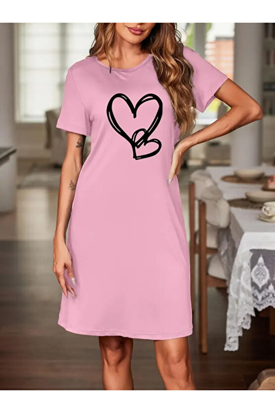 Gökyüzü Moda Kadın Kısa Kollu Bisiklet Yaka Kalp Desenli Viskon Elbise