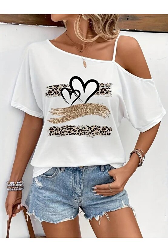 Gökyüzü Moda Kadın Tek Omuzu Açık Ip Askılı Baskılı Viskon Bluz