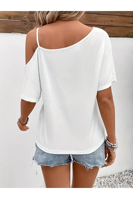 Gökyüzü Moda Kadın Tek Omuzu Açık Ip Askılı Baskılı Viskon Bluz