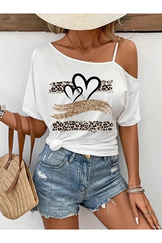 Gökyüzü Moda Kadın Tek Omuzu Açık Ip Askılı Baskılı Viskon Bluz