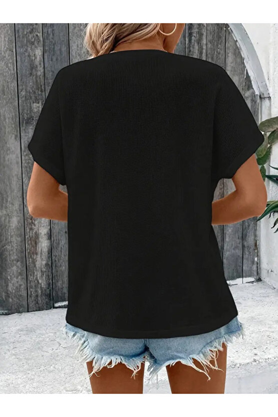 Gökyüzü Moda Kadın Kısa Kollu Yakası Açık önden Düğmeli Waffle Bluz