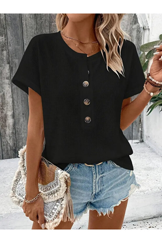 Gökyüzü Moda Kadın Kısa Kollu Yakası Açık önden Düğmeli Waffle Bluz