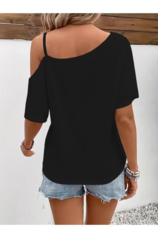 Gökyüzü Moda Kadın Tek Omuzu Açık Ip Askılı Baskılı Viskon Bluz