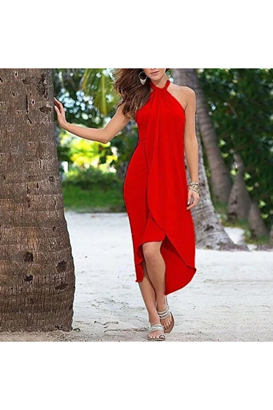 Gökyüzü Moda Boyun Askılı Eteği Kruvaze Kesim Viskon Kumaş Elbise