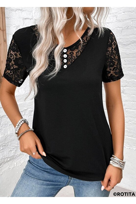 Gökyüzü Moda Kadın Kısa Kollu V Yakalı önden Düğmeli Viskon Bluz