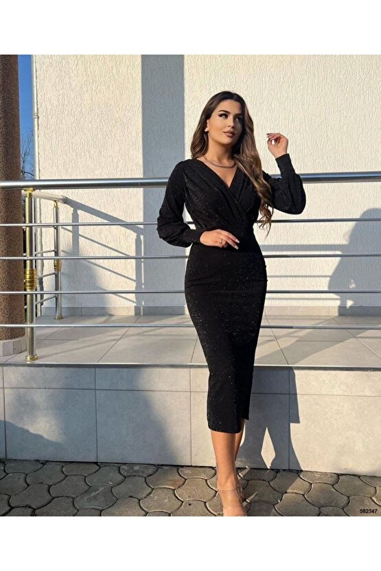 Kadın Uzun Kollu Kruvaze Yaka Büzgü Ve Balon Kol Detay Krep Kumaş Maxi Boy Elbise