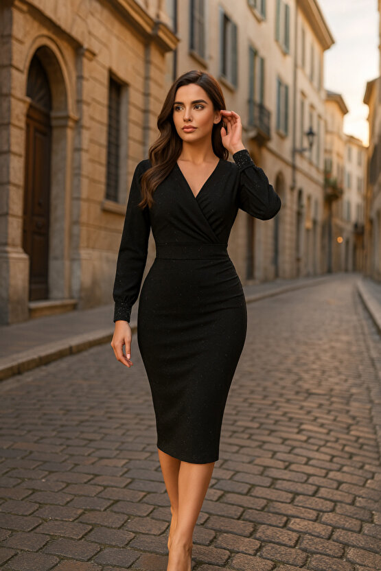 Gökyüzü Moda Kadın Uzun Kollu Kruvaze Yaka Büzgü Ve Balon Kol Detay Krep Kumaş Maxi Boy Elbise