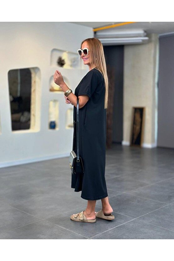 Gökyüzü Moda Kadın Kısa Kollu V Yakalı Cep Detaylı Uzun Viskon Iki Iplik Elbise