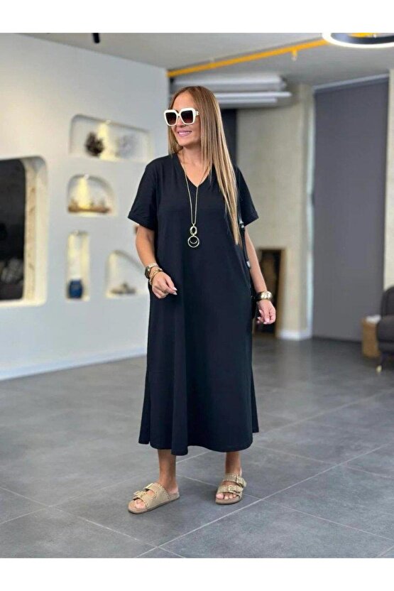Gökyüzü Moda Kadın Kısa Kollu V Yakalı Cep Detaylı Uzun Viskon Iki Iplik Elbise