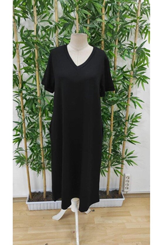 Gökyüzü Moda Kadın Kısa Kollu V Yakalı Cep Detaylı Uzun Viskon Iki Iplik Elbise