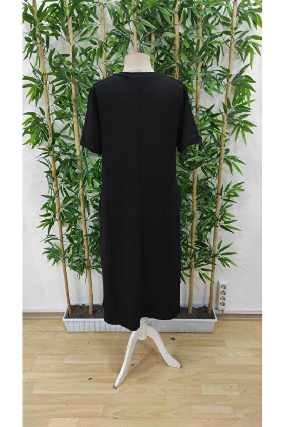 Gökyüzü Moda Kadın Kısa Kollu V Yakalı Cep Detaylı Uzun Viskon Iki Iplik Elbise