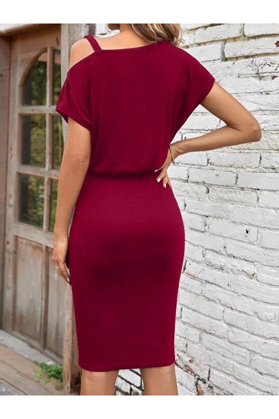 Kadın Kısa Kollu Tek Omuz Askı Ve Aksesuar Detay Beli Lastikli Krep Elbise