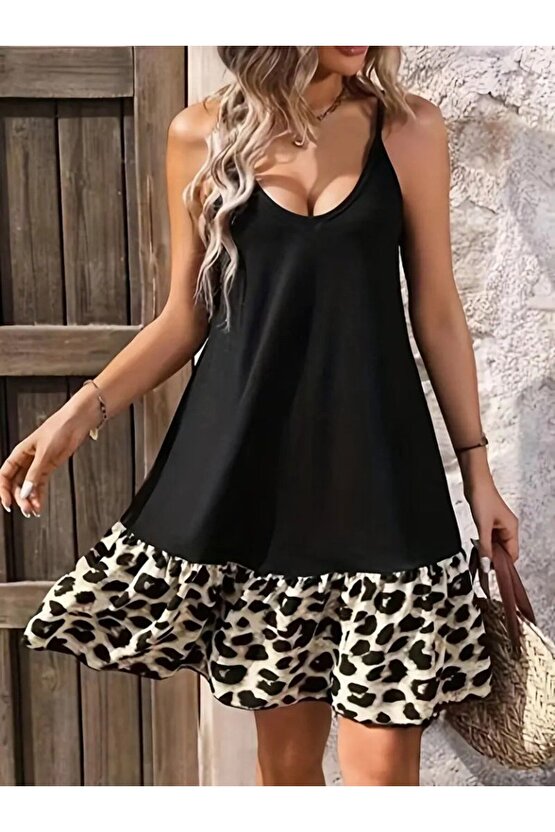 Gökyüzü Moda Kadın Ip Detaylı Kısa Elbise Askılı Yuvarlak Yakalı Viskon Etek Süprem Elbise