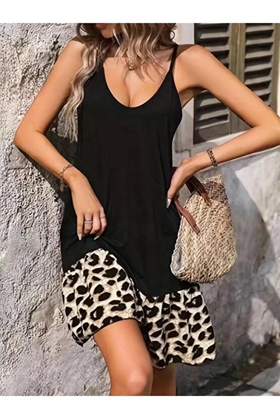 Gökyüzü Moda Kadın Ip Detaylı Kısa Elbise Askılı Yuvarlak Yakalı Viskon Etek Süprem Elbise