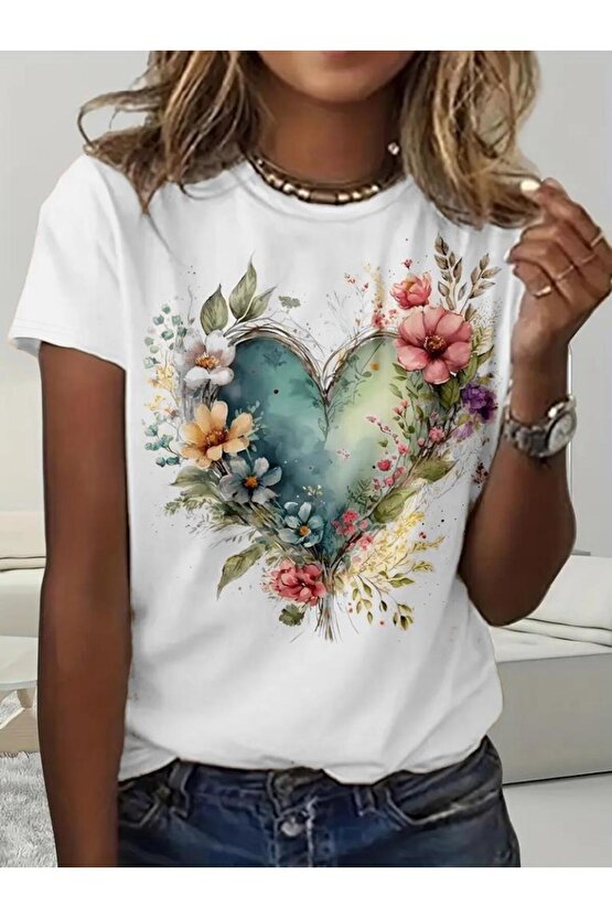 Kadın Kısa Kollu Bisiklet Yaka Kalp Desenli Süprem Bluz