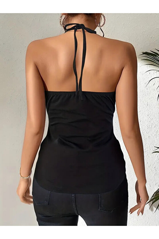 Gökyüzü Moda Kadın Askılı Kuş Gözü Ve Dekolte Detay Boyundan Bağlamalı Viskon Bluz