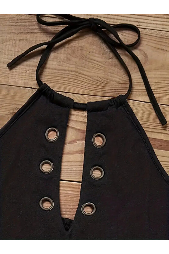 Gökyüzü Moda Kadın Askılı Kuş Gözü Ve Dekolte Detay Boyundan Bağlamalı Viskon Bluz