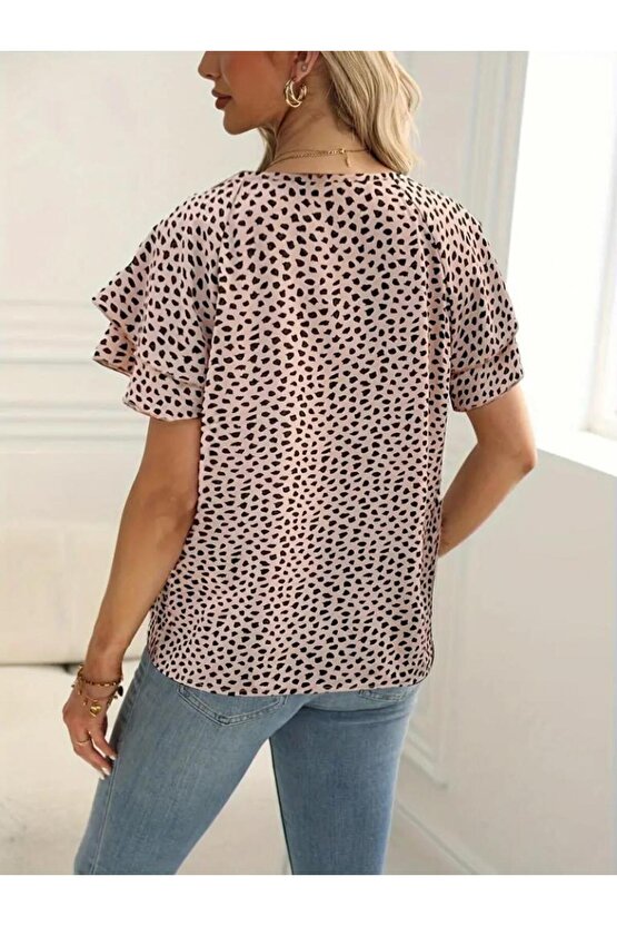 Kadın Kısa Kollu Kolları Volanlı Baskılı Süprem Bluz