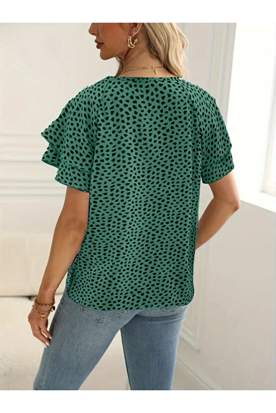 Gökyüzü Moda Kadın Kısa Kollu Kolları Volanlı Baskılı Süprem Bluz