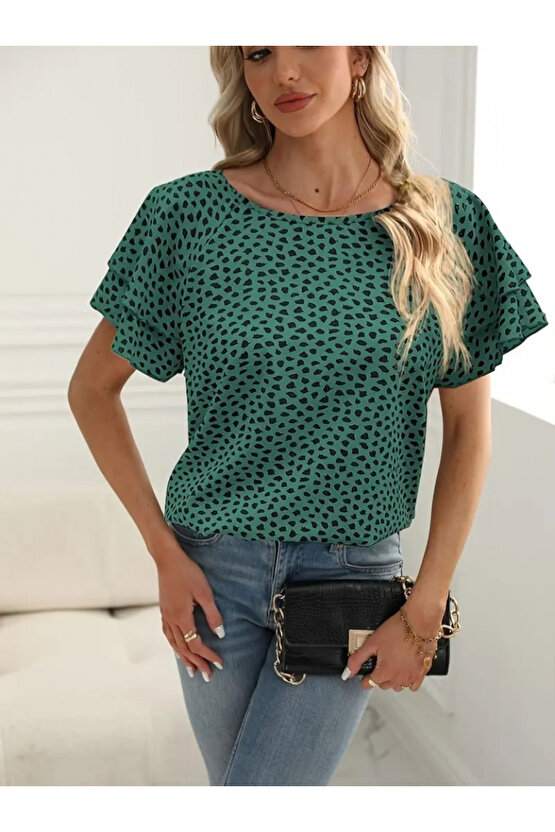 Gökyüzü Moda Kadın Kısa Kollu Kolları Volanlı Baskılı Süprem Bluz
