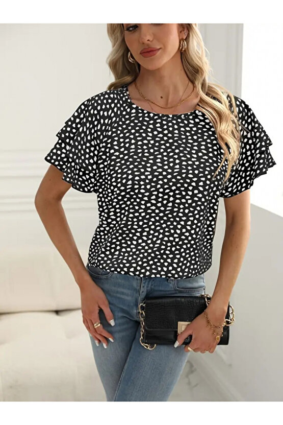 Gökyüzü Moda Kadın Kısa Kollu Kolları Volanlı Baskılı Süprem Bluz