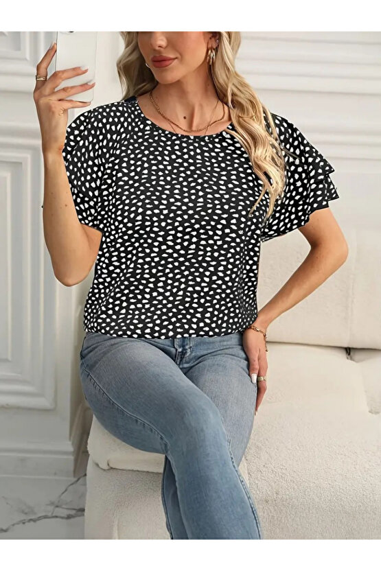 Gökyüzü Moda Kadın Kısa Kollu Kolları Volanlı Baskılı Süprem Bluz