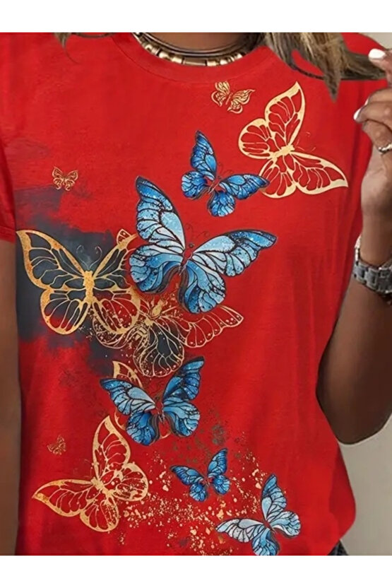 Gökyüzü Moda Kadın Kısa Kollu Mavi Sarı Kelebek Baskı Süprem Bluz