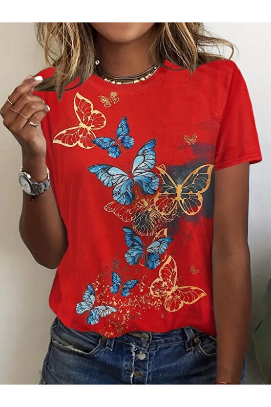 Gökyüzü Moda Kadın Kısa Kollu Mavi Sarı Kelebek Baskı Süprem Bluz