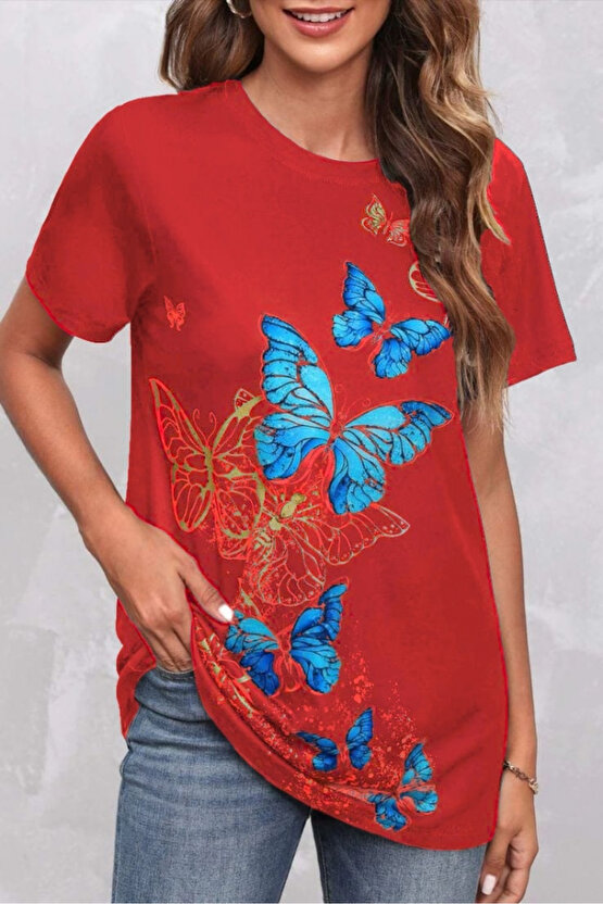 Gökyüzü Moda Kadın Kısa Kollu Mavi Sarı Kelebek Baskı Süprem Bluz