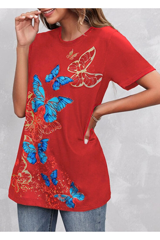 Gökyüzü Moda Kadın Kısa Kollu Mavi Sarı Kelebek Baskı Süprem Bluz