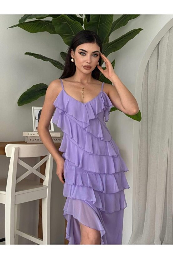 Gökyüzü Moda Ples Yırtmaç Detaylı Elbise