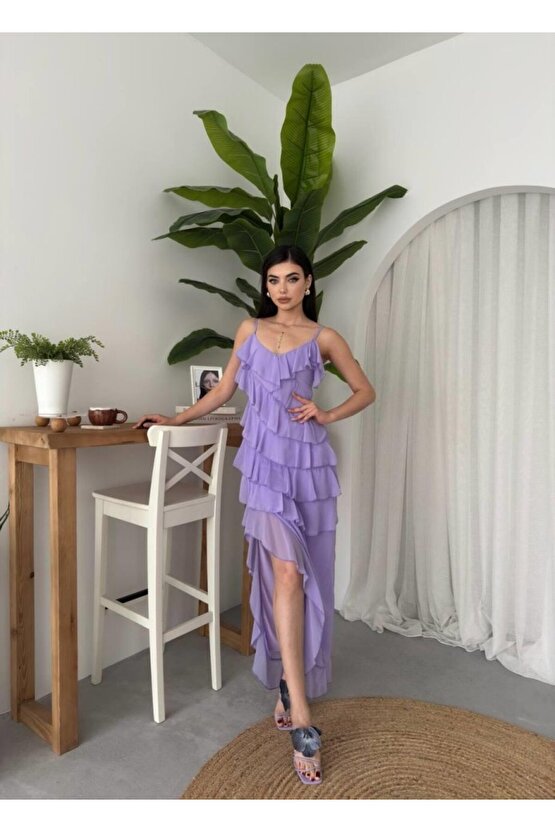 Gökyüzü Moda Ples Yırtmaç Detaylı Elbise