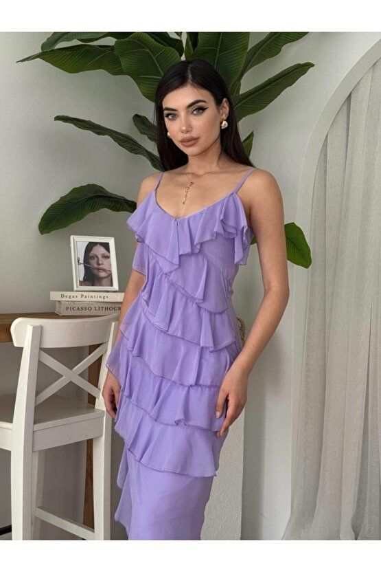 Gökyüzü Moda Ples Yırtmaç Detaylı Elbise