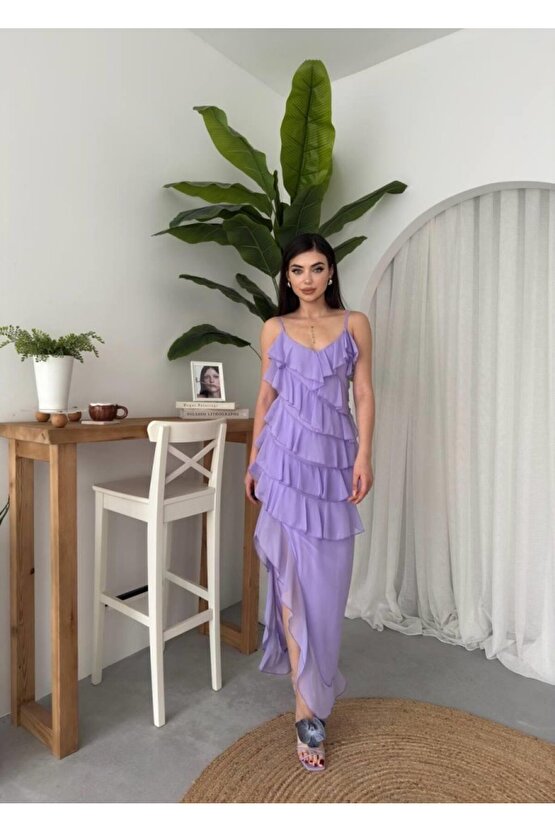 Gökyüzü Moda Ples Yırtmaç Detaylı Elbise