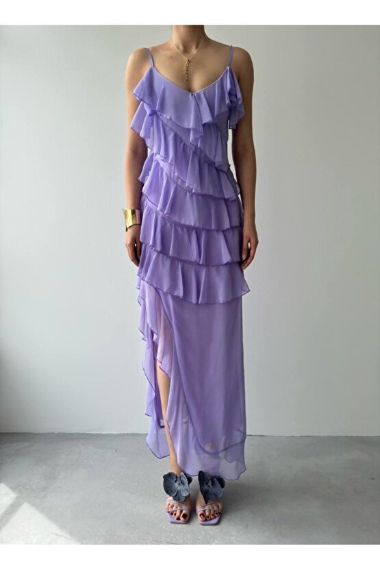 Gökyüzü Moda Ples Yırtmaç Detaylı Elbise