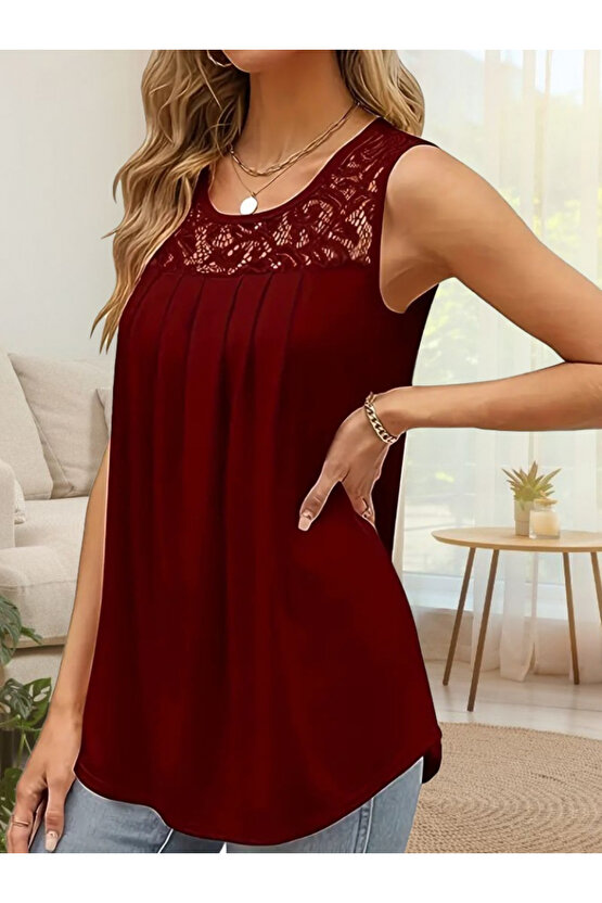 Gökyüzü Kadın Askılı Yuvarlak Yaka Dantel Detaylı Viskon Bluz