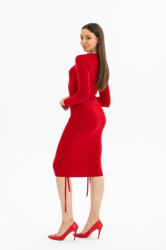 eyesof Kadın Uzun Kol Büzgü Detaylı Sandy Kumaş Ayarlanabilir Boy Fırsat Ürün Elbise