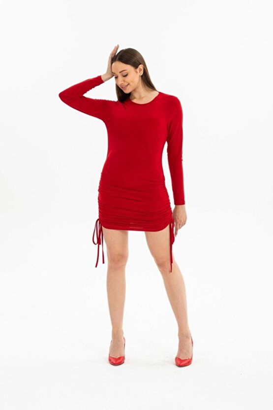 eyesof Kadın Uzun Kol Büzgü Detaylı Sandy Kumaş Ayarlanabilir Boy Fırsat Ürün Elbise