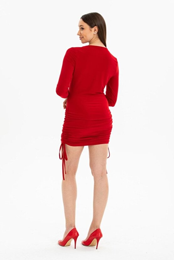 eyesof Kadın Uzun Kol Büzgü Detaylı Sandy Kumaş Ayarlanabilir Boy Fırsat Ürün Elbise