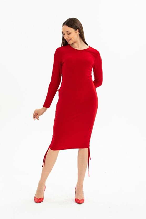 eyesof Kadın Uzun Kol Büzgü Detaylı Sandy Kumaş Ayarlanabilir Boy Fırsat Ürün Elbise