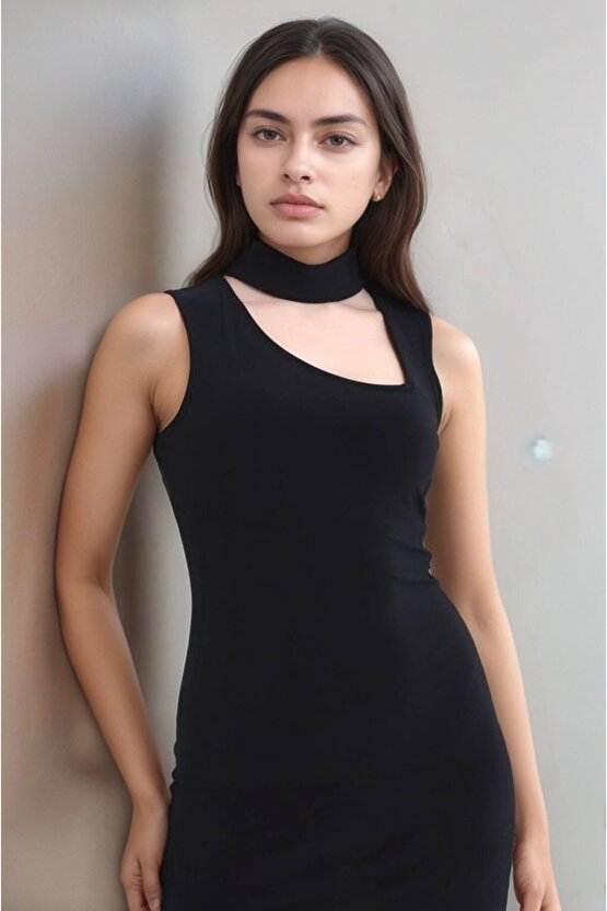 Gökyüzü Moda Kadın Asimetrik Yaka Sandy Kumaş Fırsat Ürün Diz Üstü Elbise