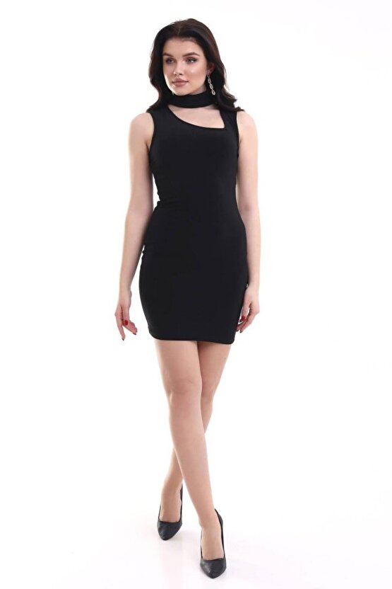 Gökyüzü Moda Kadın Asimetrik Yaka Sandy Kumaş Fırsat Ürün Diz Üstü Elbise