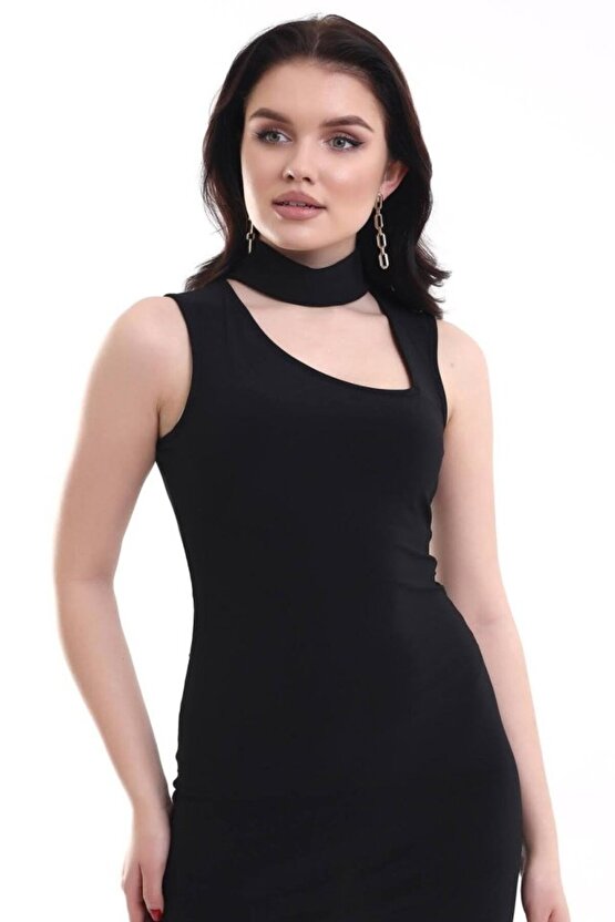 Gökyüzü Moda Kadın Asimetrik Yaka Sandy Kumaş Fırsat Ürün Diz Üstü Elbise