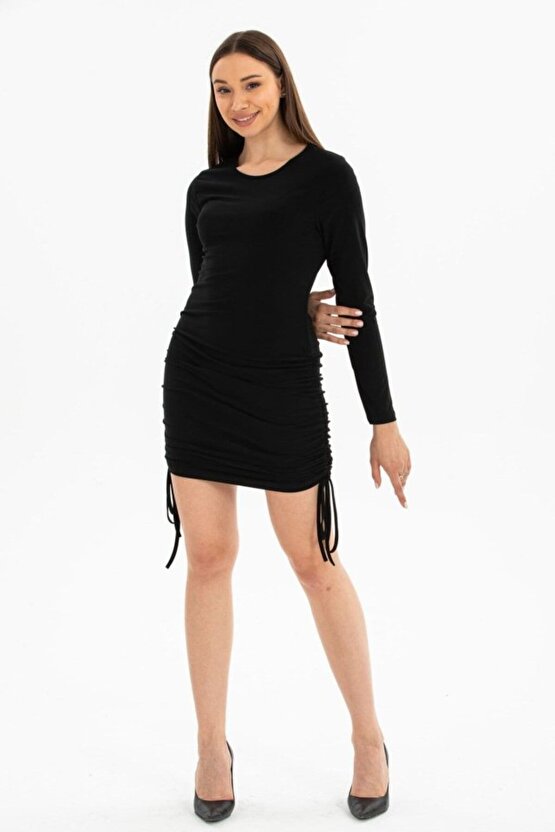 Gökyüzü Moda Kadın Uzun Kol Büzgü Detaylı Sandy Kumaş Ayarlanabilir Boy Fırsat Ürün Elbise