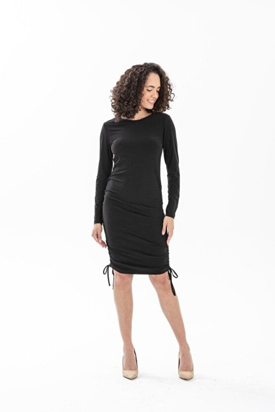 Gökyüzü Moda Kadın Uzun Kol Büzgü Detaylı Sandy Kumaş Ayarlanabilir Boy Fırsat Ürün Elbise