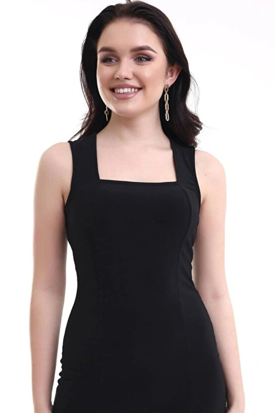 Kadın Kare Yaka Kolsuz Sandy Kumaş Fırsat Ürün Diz Üstü Elbise