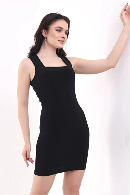 Kadın Kare Yaka Kolsuz Sandy Kumaş Fırsat Ürün Diz Üstü Elbise