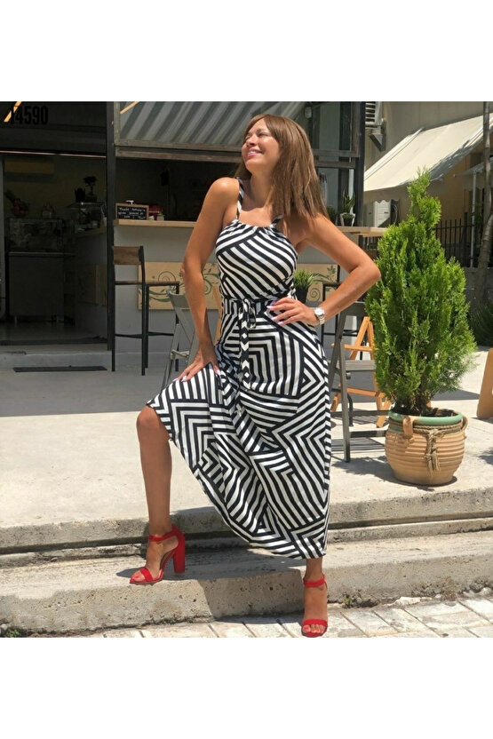 Gökyüzü Moda Kadın Ayarlanabilir Askılı Geometrik Desen Kuşaklı Gipeli Süprem Elbise